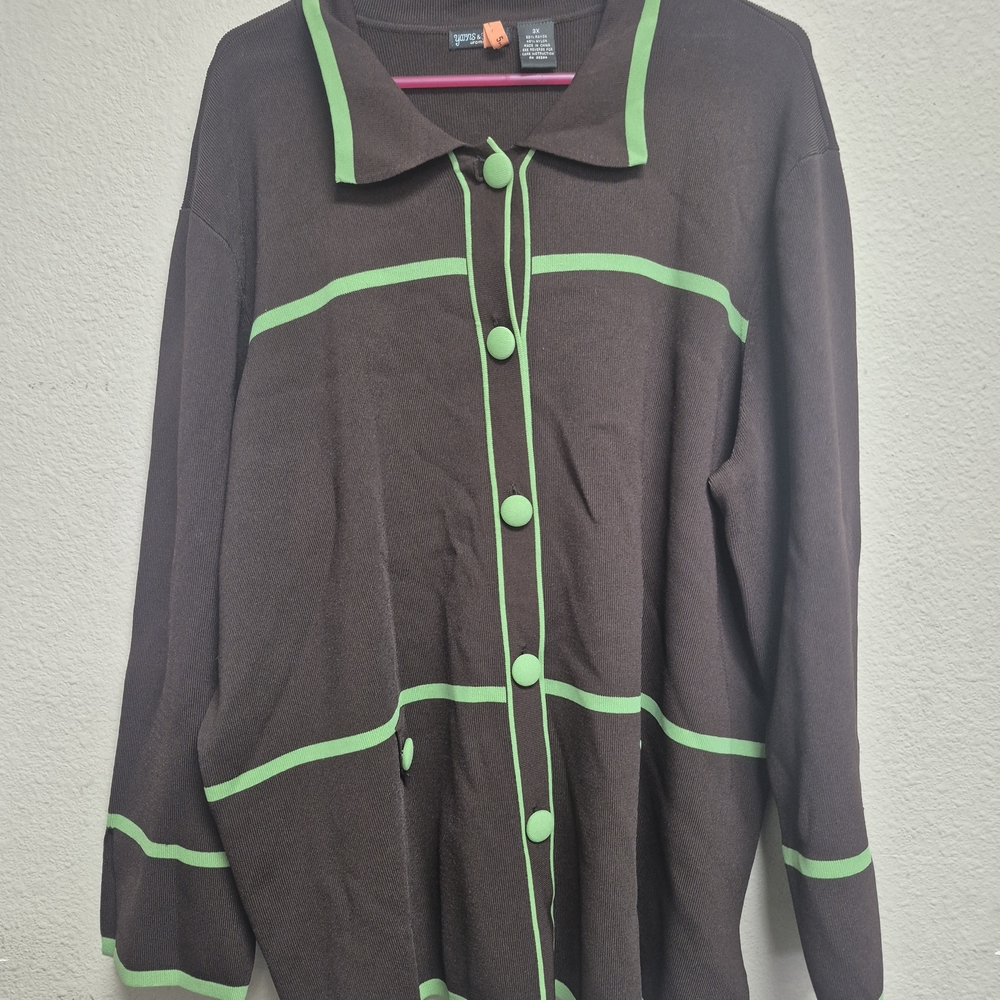 cardigan sweater is a long-sleeve, button-down top featuring a brown base with g